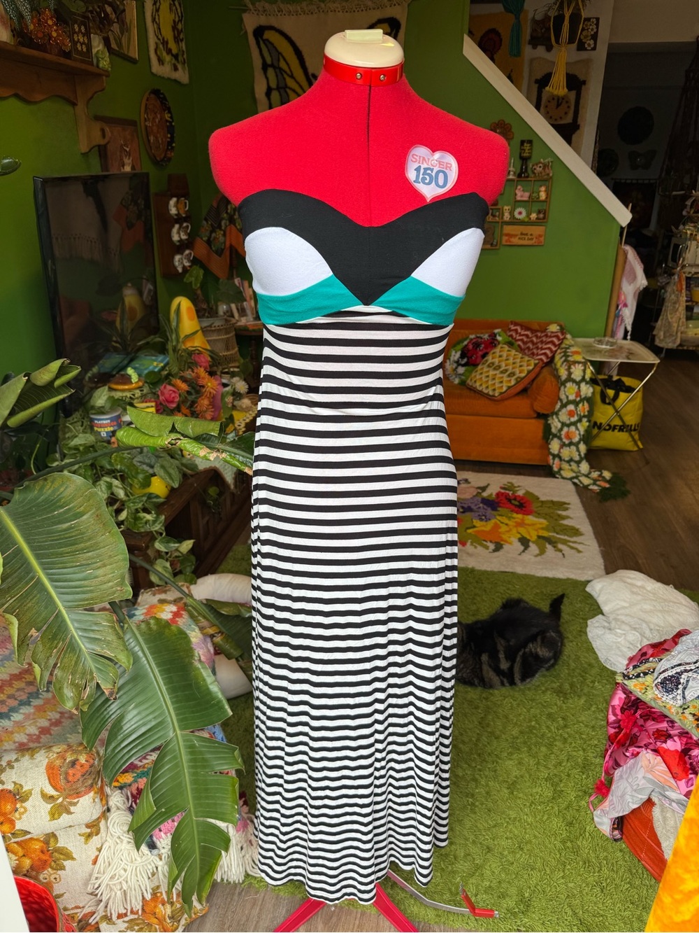 Vintage Bebe Black & White Striped Maxi Dress with Teal Bust Detail
